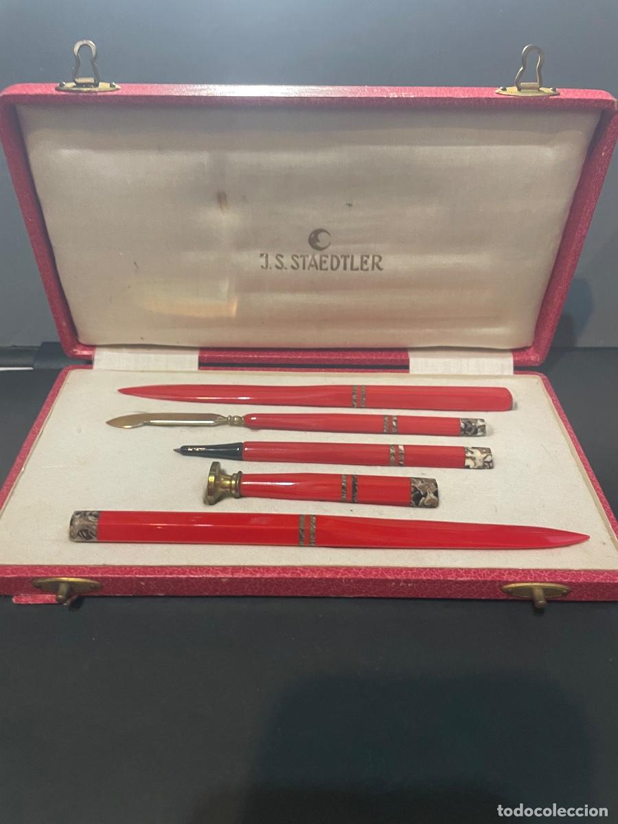 Estilogr&aacute;ficas antiguas, bol&iacute;grafos y plumas: ANTIGUO JUEGO DE ESCRITORIO ART-DECO- MARCA J.S. STAEDTLER COMPLETO BUEN ESTADO BAQUELITA COLOR ROJO