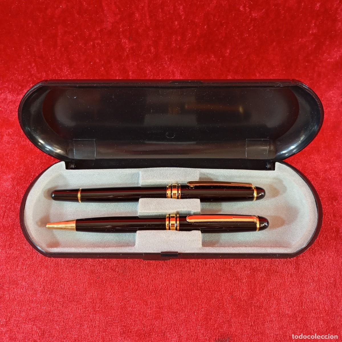 Estilogr&aacute;ficas antiguas, bol&iacute;grafos y plumas: 2 JUEGOS DE BOL&Iacute;GRAFO Y PLUMA ESTILOGR&Aacute;FICA - COLOR NEGRO CHAPADOS EN ORO - CON SU EMPAQUE - 13,6 CM