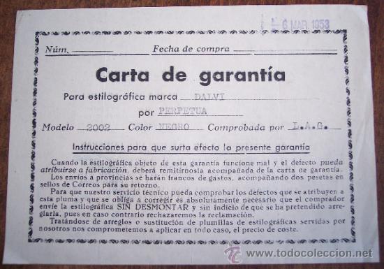 Carta de garantia para estilografica dalvi mode - Vendido 