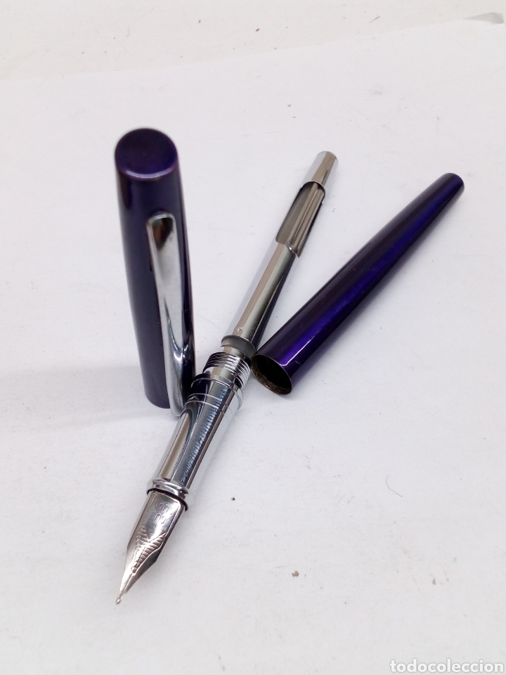 Plumas estilogr&aacute;ficas antiguas: Pluma lacado azul metalico - Foto 4