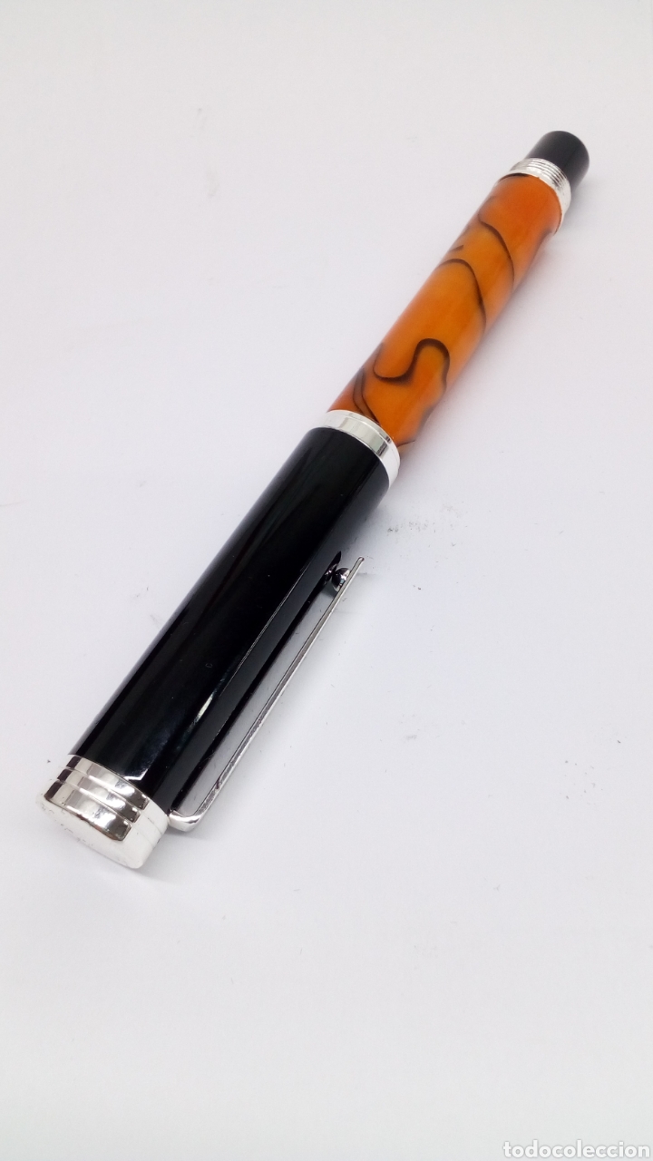 Alte F&uuml;llfederhalter: Pluma SilverLegends marmolado naranja y cabuchon lacado negro ALEMANA
