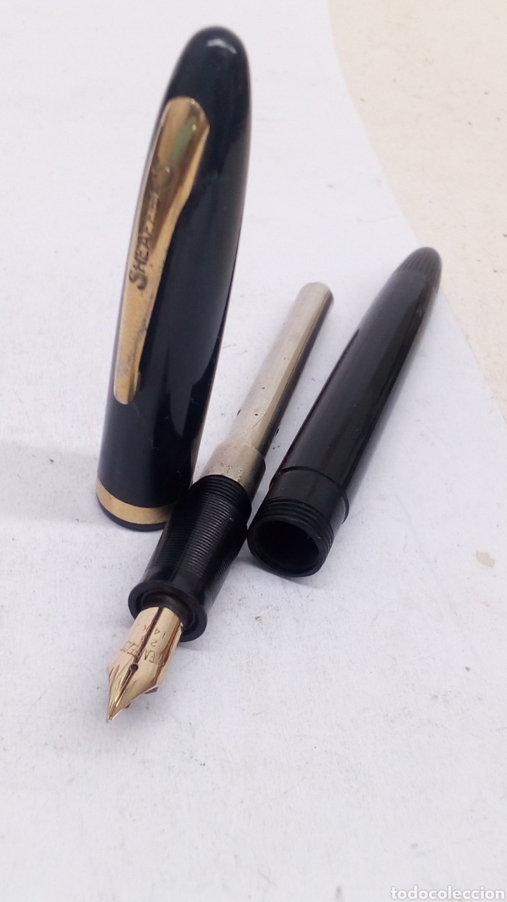Penne stilografiche antiche: Pluma Sheffer cuerpo lacado negro plumin de oro 14kt antigua