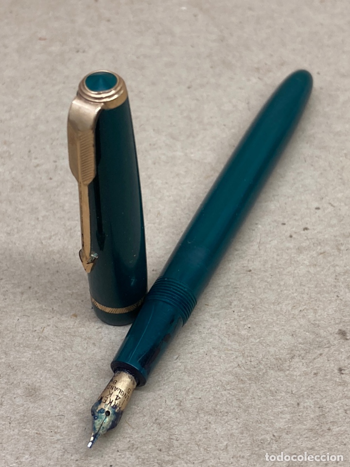 Plumas estilogr&aacute;ficas antiguas: Pluma Parker Slimfold 1952 plumin de oro 14kt lacado verde