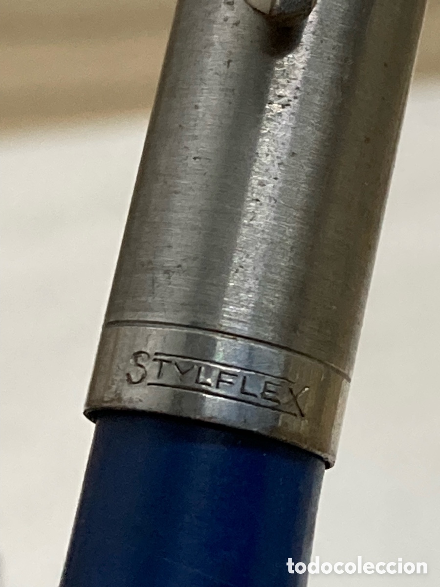 Plumas estilogr&aacute;ficas antiguas: Pluma Styflex cuerpo celuloide azul /PLUMA19-11 - Foto 3