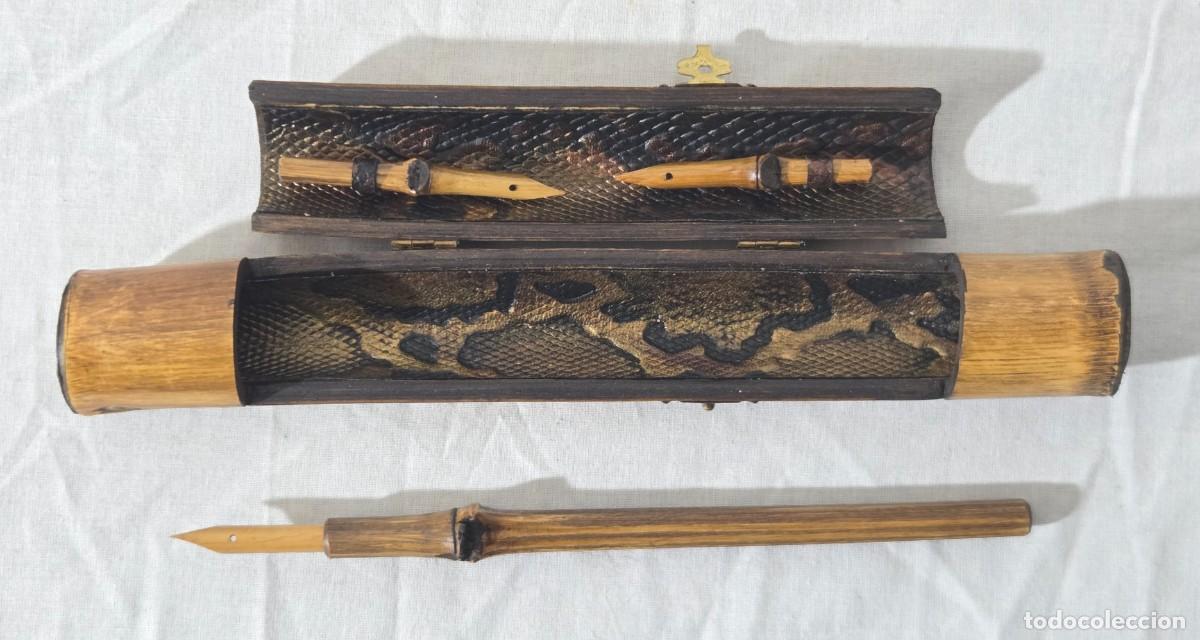 Plumas estilogr&aacute;ficas antiguas: Pluma de bambu con estuche y varias puntas - Foto 1