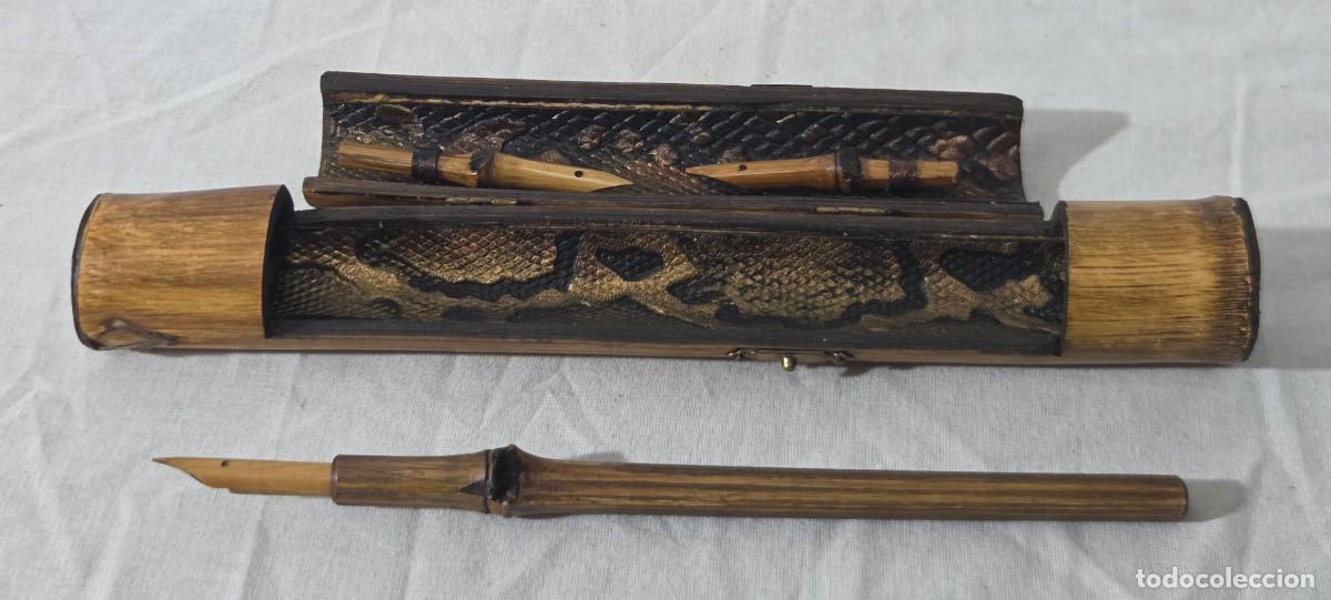 Plumas estilogr&aacute;ficas antiguas: Pluma de bambu con estuche y varias puntas - Foto 2