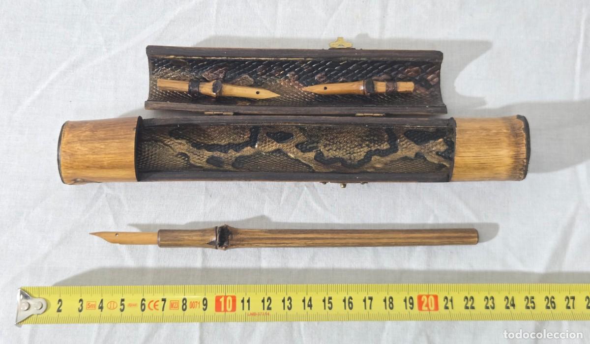 Plumas estilogr&aacute;ficas antiguas: Pluma de bambu con estuche y varias puntas - Foto 12