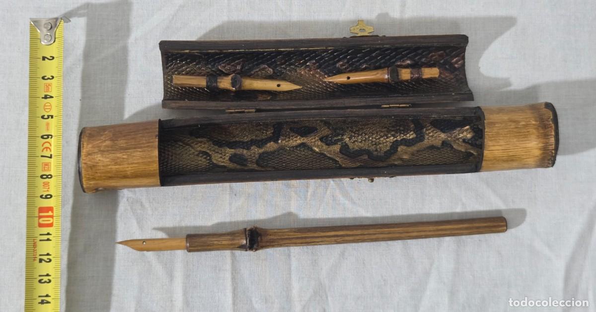 Plumas estilogr&aacute;ficas antiguas: Pluma de bambu con estuche y varias puntas - Foto 13