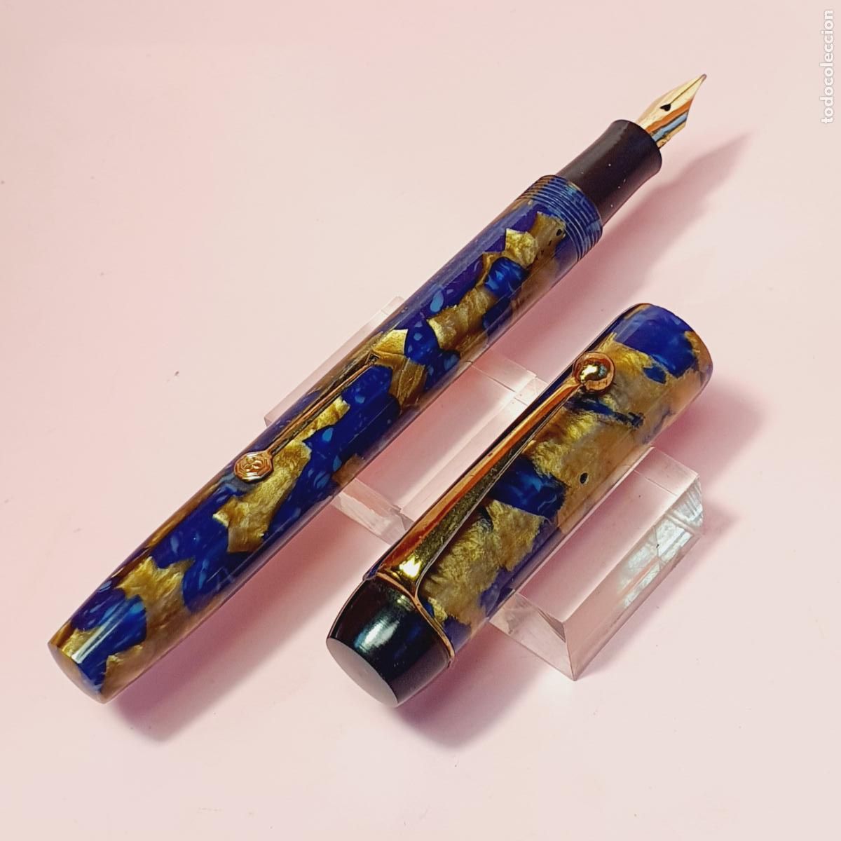 Plumas estilogr&aacute;ficas antiguas: PLUMA ESTILOGR&Aacute;FICA-ROOSEVELT LUXE-ENGLAND-UN LUJO-SACO NUEVO-AZUL Y CASTA&Ntilde;OS-PRECIOSA-VER FOTOGRAF-