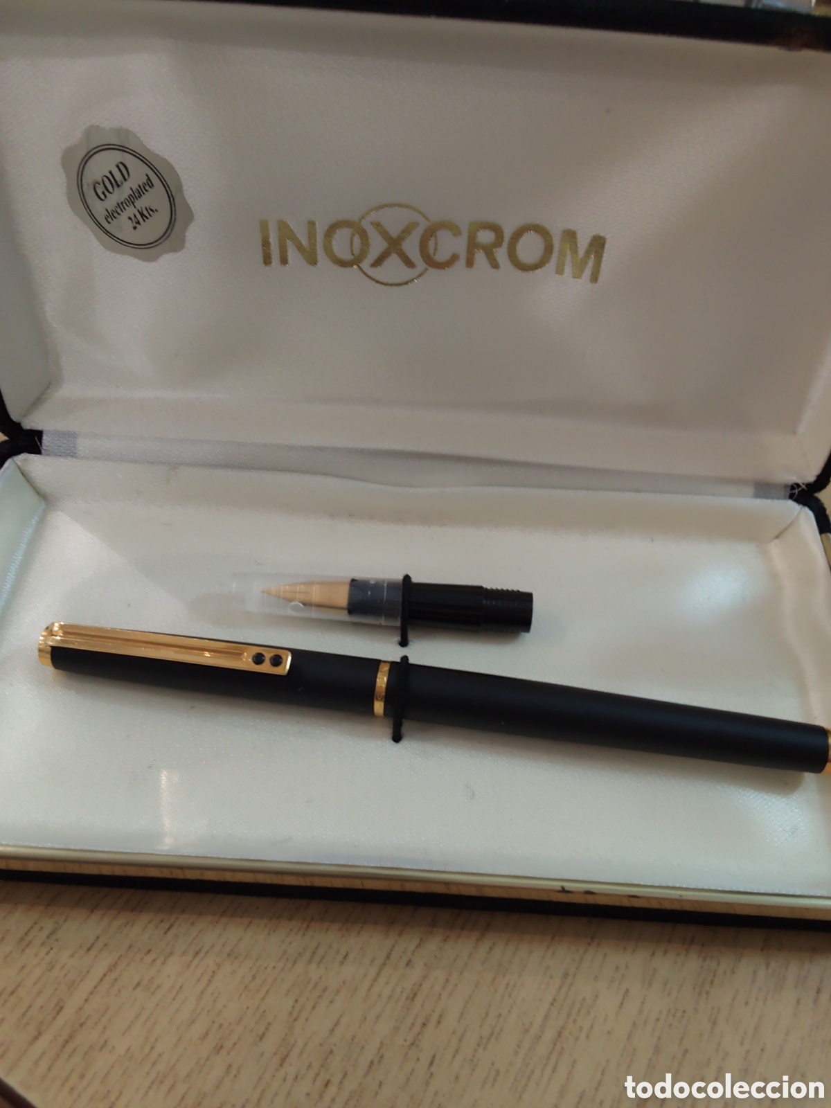 Plumas estilogr&aacute;ficas antiguas: Conjunto Inoxcrom pluma estilogr&aacute;fica + bol&iacute;grafo negro y dorado con estuche