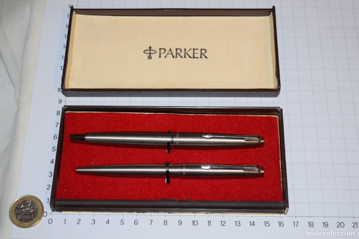 Plumas estilogr&aacute;ficas antiguas: Conjunto Spain, PARKER 45 - Acero cepillado, detalles niquelados / A&ntilde;os 70, Sin uso - &iexcl;Mira fotos!