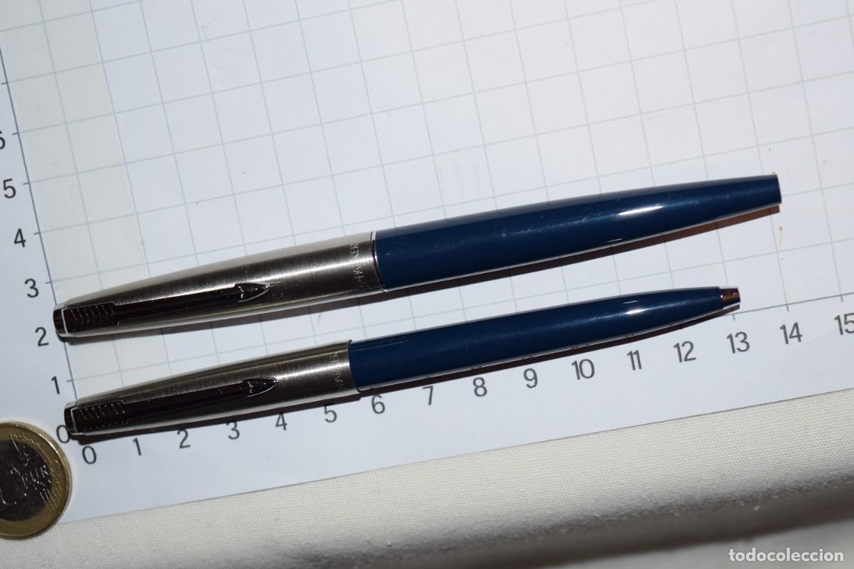 Plumas estilogr&aacute;ficas antiguas: Vintage - Conjunto PARKER 45, cuerpo azul y capuch&oacute;n acero - Plum&iacute;n Parker F - England - &iexcl;Mira, NOS!