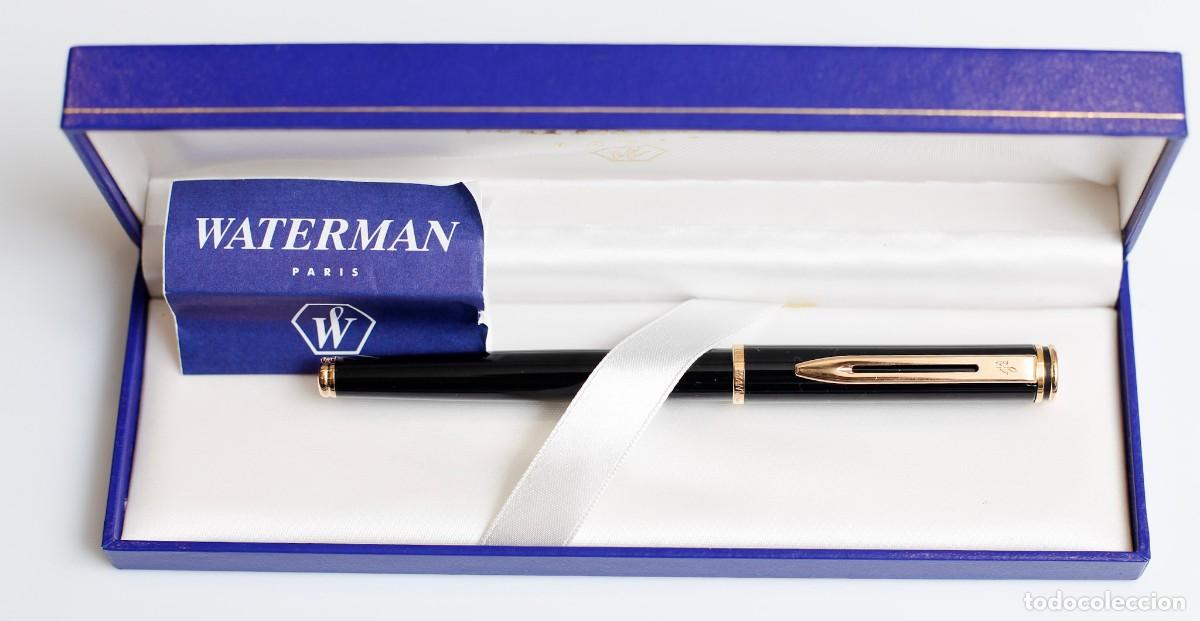 Plumas estilogr&aacute;ficas antiguas: Estilogr&aacute;fica Waterman Executive &mdash; laca negra, plum&iacute;n oro 18k, caja original &middot; Francia a&ntilde;os 80