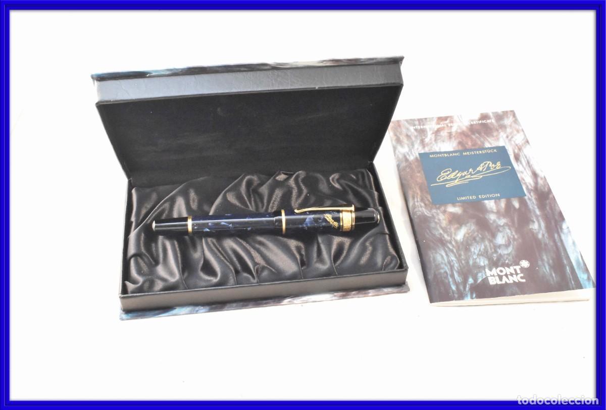 Plumas estilogr&aacute;ficas antiguas: Magnifica pluma Montblanc Meisterstuck Edgar Allan Poe en su estuche plumin 18 kt