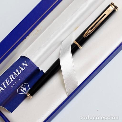 Stylos-plume anciens: Estilogr&aacute;fica Waterman Executive &mdash; laca negra, plum&iacute;n oro 18k, caja original &middot; Francia a&ntilde;os 80