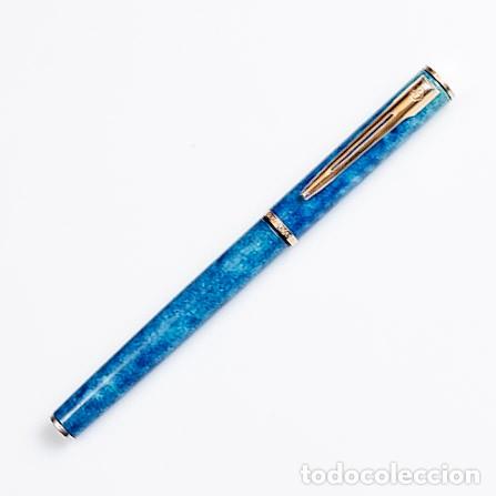 Plumas estilogr&aacute;ficas antiguas: T&Iacute;TULO: Waterman Apostrophe &mdash; Jaspeado Azul, Cartucho/Convertidor, Plum&iacute;n dorado (Muy buena)