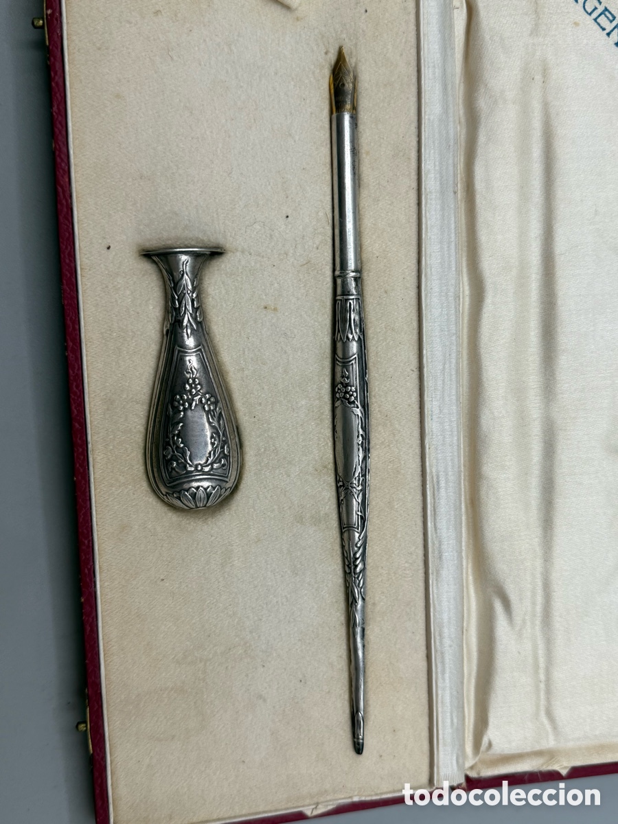 Plumas estilogr&aacute;ficas antiguas: Estuche pluma y sello en plata 800. - Foto 5