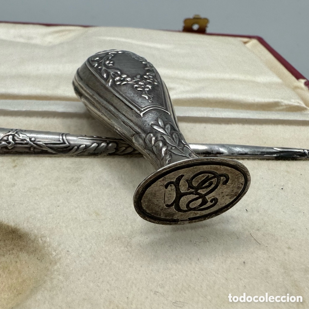 Plumas estilogr&aacute;ficas antiguas: Estuche pluma y sello en plata 800. - Foto 8