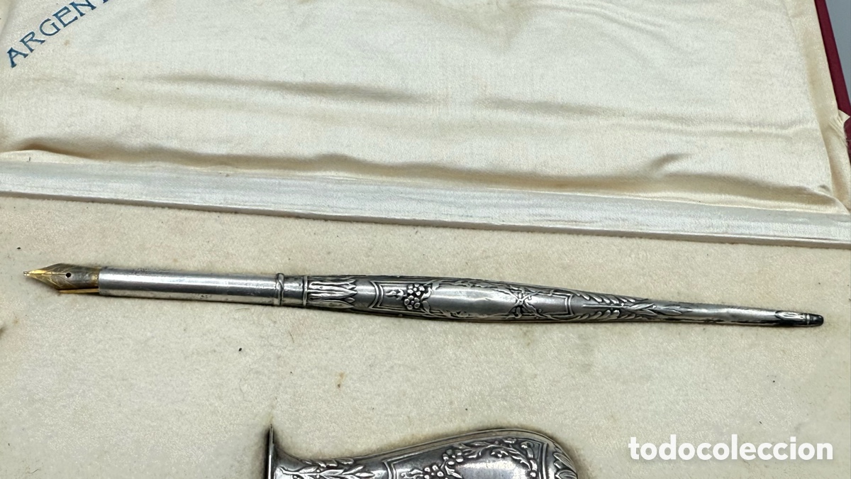 Plumas estilogr&aacute;ficas antiguas: Estuche pluma y sello en plata 800. - Foto 9