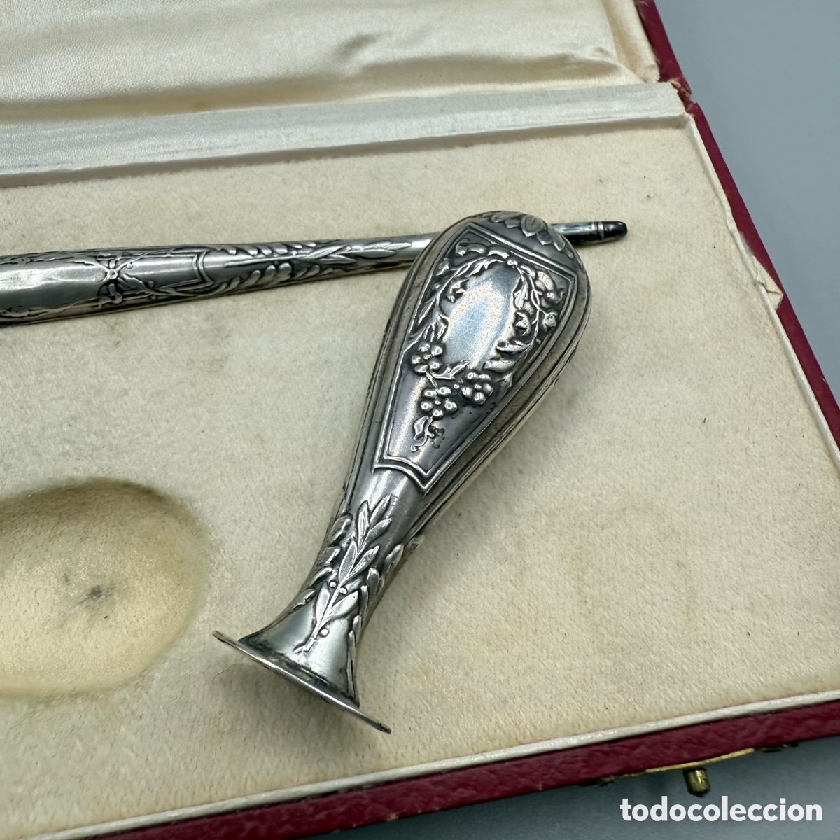 Plumas estilogr&aacute;ficas antiguas: Estuche pluma y sello en plata 800. - Foto 11