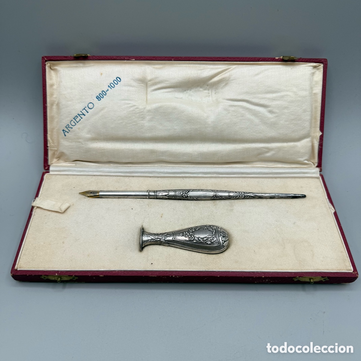 Plumas estilogr&aacute;ficas antiguas: Estuche pluma y sello en plata 800. - Foto 1