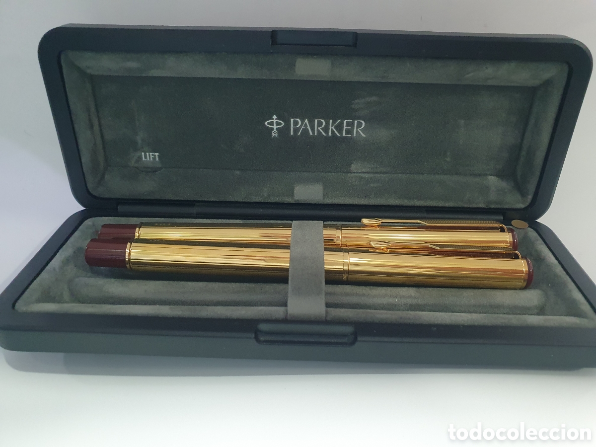 Penne stilografiche antiche: Conjunto estilografica y bol&iacute;grafo Parker dorado y burdeos. (L130)