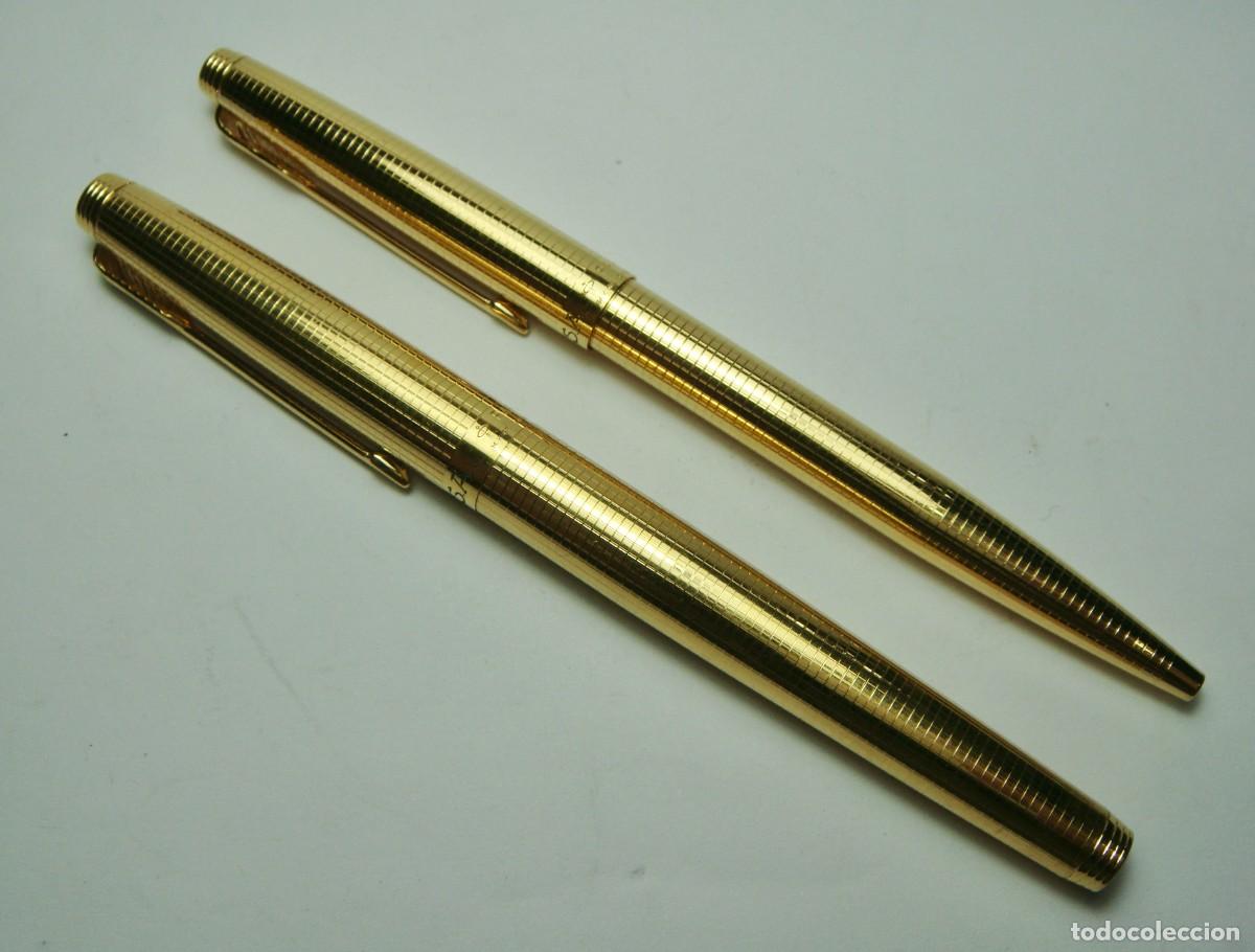Penne stilografiche antiche: Conjunto Parker &ldquo;Grid&rdquo; de pluma estilogr&aacute;fica y bol&iacute;grafo chapados en oro &middot; U.S.A. &middot; ca. 1975&ndash;1990