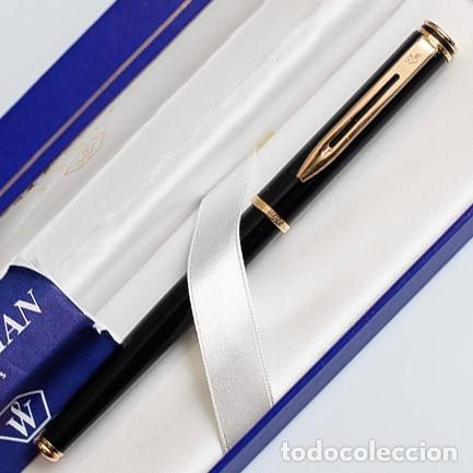 Plumas estilogr&aacute;ficas antiguas: Estilogr&aacute;fica Waterman Executive &mdash; laca negra, plum&iacute;n oro 18k, caja original &middot; Francia a&ntilde;os 80