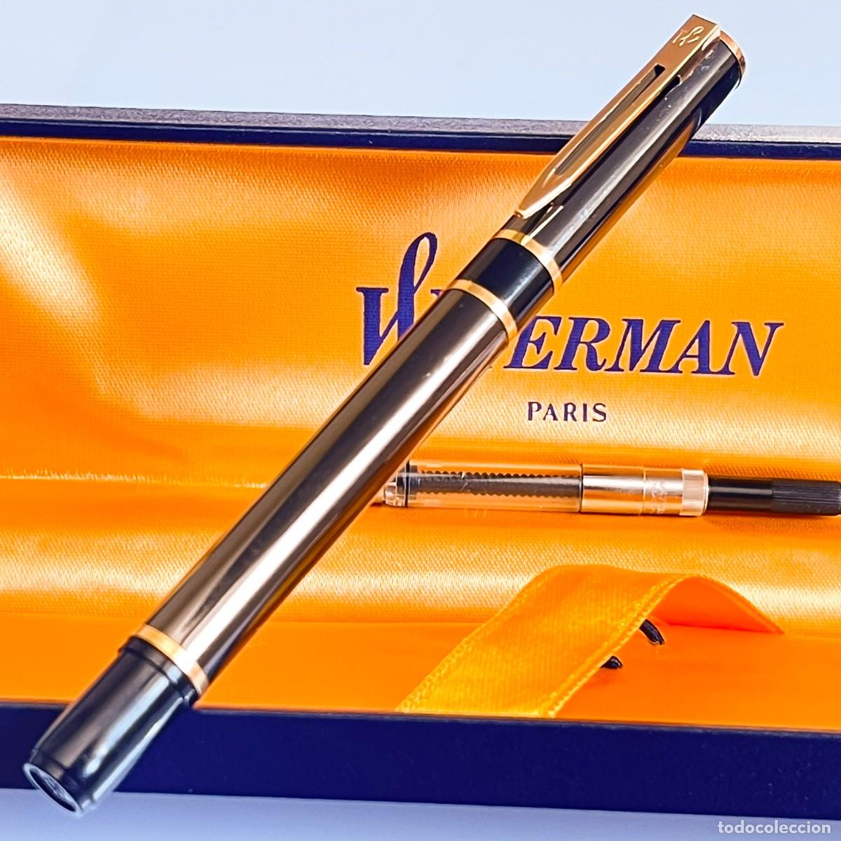 Plumas estilogr&aacute;ficas antiguas: Waterman Laur&eacute;at &mdash; Negro lacado con adornos dorados, Cartucho/Convertidor, Plum&iacute;n Fino dorado (Excel