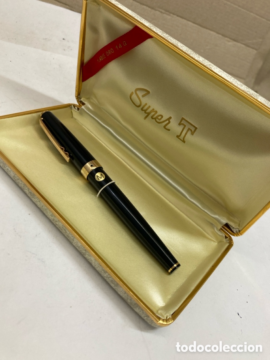 Plumas estilogr&aacute;ficas antiguas: Pluma Super T cuerpo celuloide negro plumin oro14kg