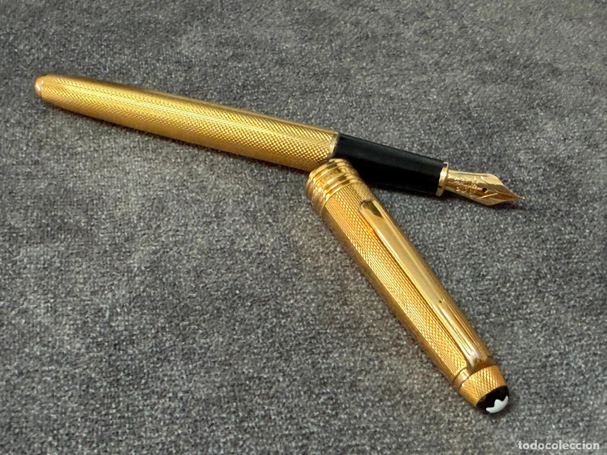 Plumas estilogr&aacute;ficas antiguas: Pluma Montblanc Meisterst&uuml;ck Solitaire metal dorado guilloch&eacute; , Plum&iacute;n de oro de 14, vintage , R743