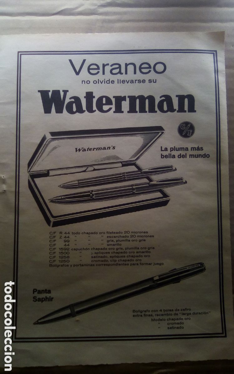 Plumas estilogr&aacute;ficas antiguas: Hoja peri&oacute;dico ABC, a&ntilde;o 1969. Publicidad pluma estilogr&aacute;fica Waterman Panta Saphir.