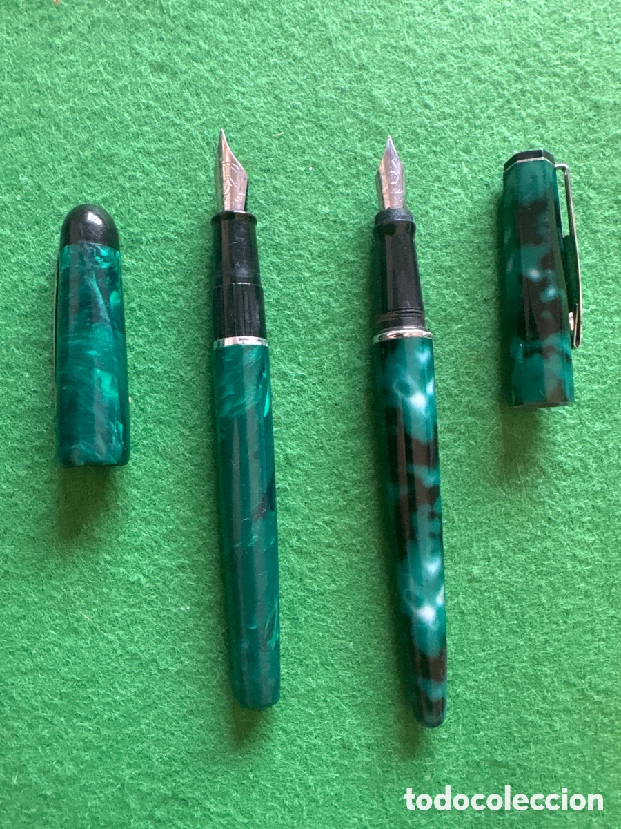 Plumas de tinta permanente antigas: Excelente pareja de plumas verde marmolado Waterman, una Phileas (A5)
