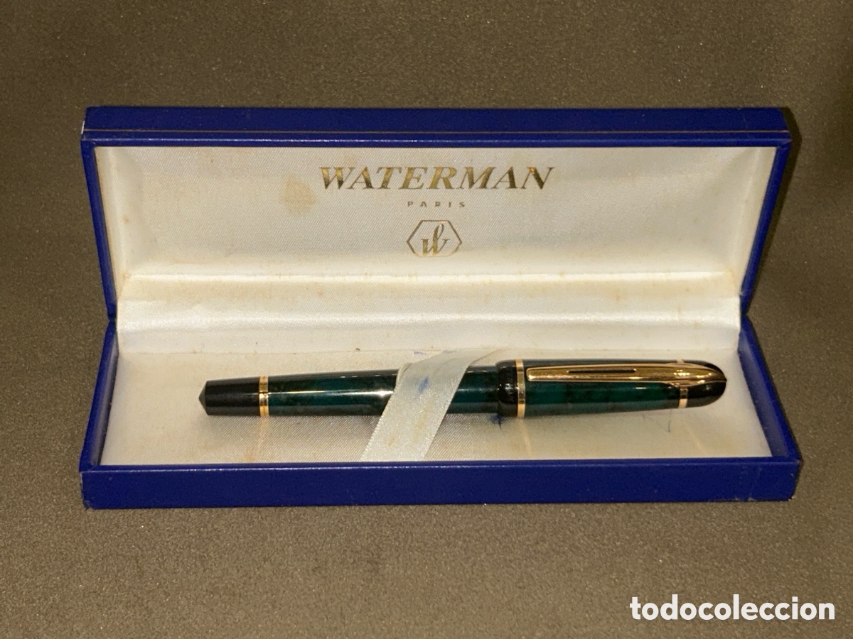 Plumas estilogr&aacute;ficas antiguas: PLUMA ESTILOGR&Aacute;FICA WATERMAN PHILEAS M&Aacute;RMOL VERDE CON DETALLES DORADOS EN SU CAJA ORIGINAL