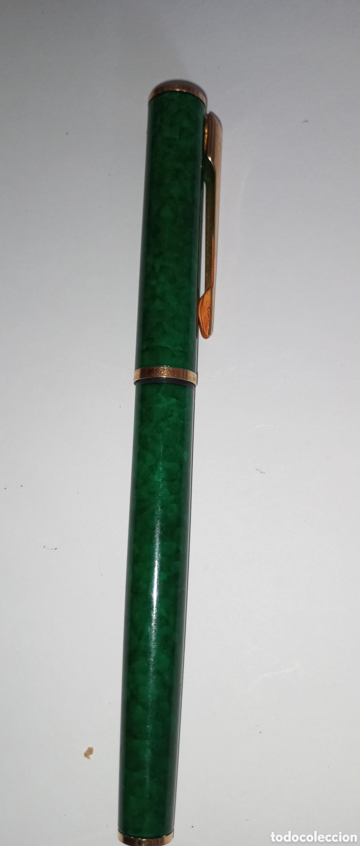 Plumas estilogr&aacute;ficas antiguas: Estilogr&aacute;fica waterman apostrophe laca marmoleada verde y dorados con logotipo de caja Madrid