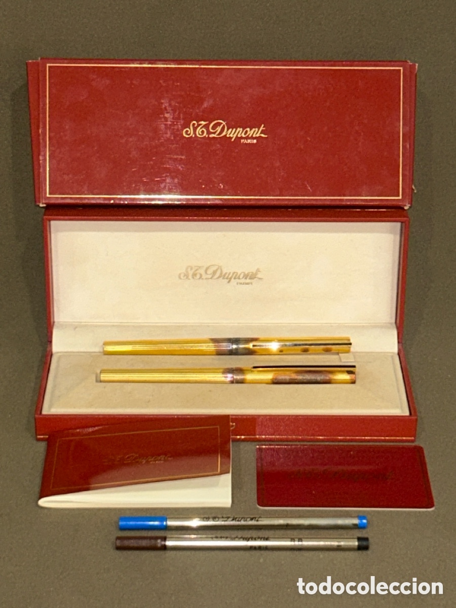 Plumas estilogr&aacute;ficas antiguas: PRECIOSO CONJUNTO DUPONT: PLUMA (PLUM&Iacute;N ORO 18K) Y BOL&Iacute;GRAFO - PLATA 925 BA&Ntilde;O DE ORO CON ESTUCHE