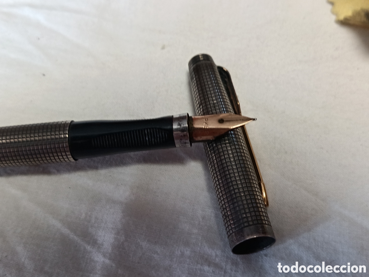 Plumas estilogr&aacute;ficas antiguas: PARKER 75 PLATA , STERLING SILVER USA, PLUMIN DE ORO DE 14K.
