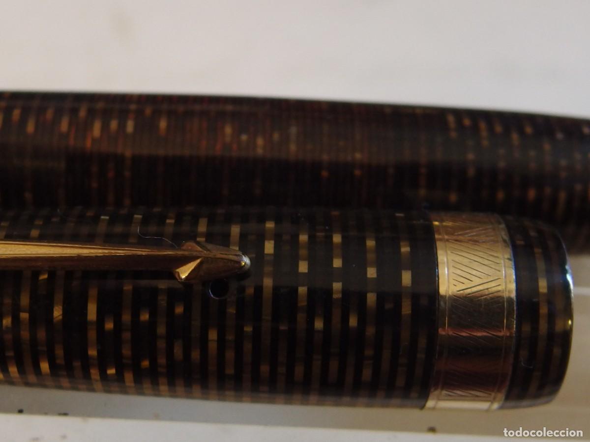 Plumas estilogr&aacute;ficas antiguas: 4620 Parker Vacumatic Mayor 136mm celuloide marbre ojo tigre 1930