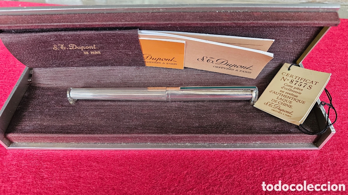 Old Fountain Pens: Bonita pluma Dupont de plata de ley/ laca china verde y plumilla de oro macizo 18 kilates