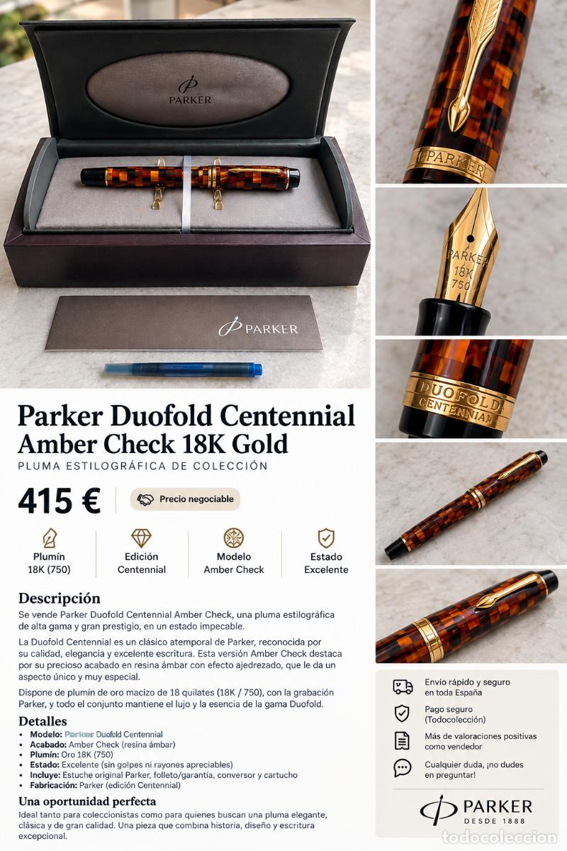 Plumas estilogr&aacute;ficas antiguas: Parker Duofold Centennial Amber Check &ndash; Plum&iacute;n Oro 18K 750 &ndash; Estuche Original