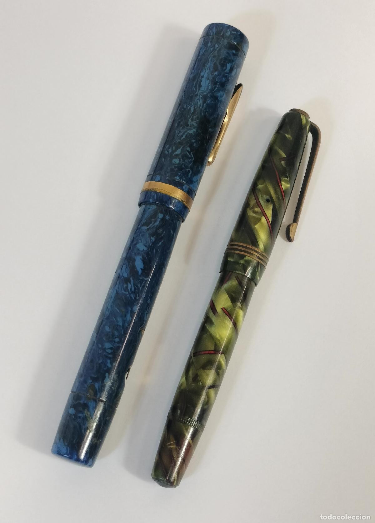 Plumas estilogr&aacute;ficas antiguas: PAREJA DE PLUMAS ESTILOGR&Aacute;FICAS VINTAGE. CONKLIN Y INOXCROM. RESINA JASPEADA. EEUU Y ESPA&Ntilde;A. C. 1930