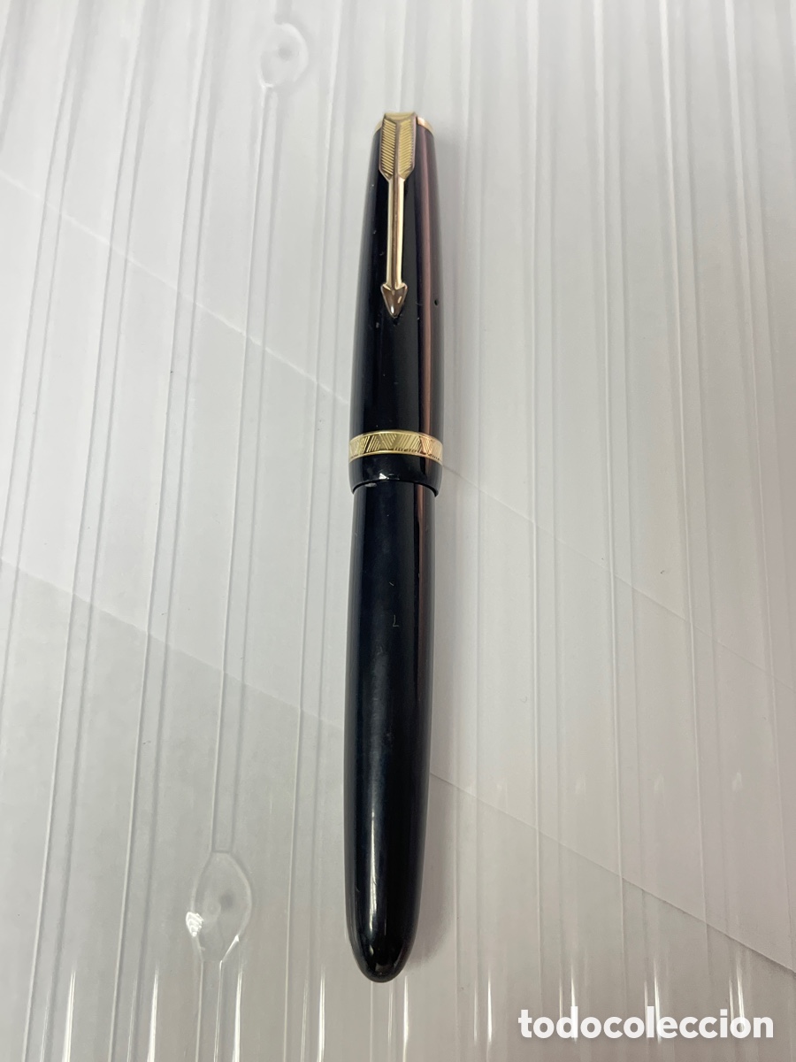 Plumas estilogr&aacute;ficas antiguas: Pluma Parker Duofold plumin oro 14k lacado negro ant /pluma29-5