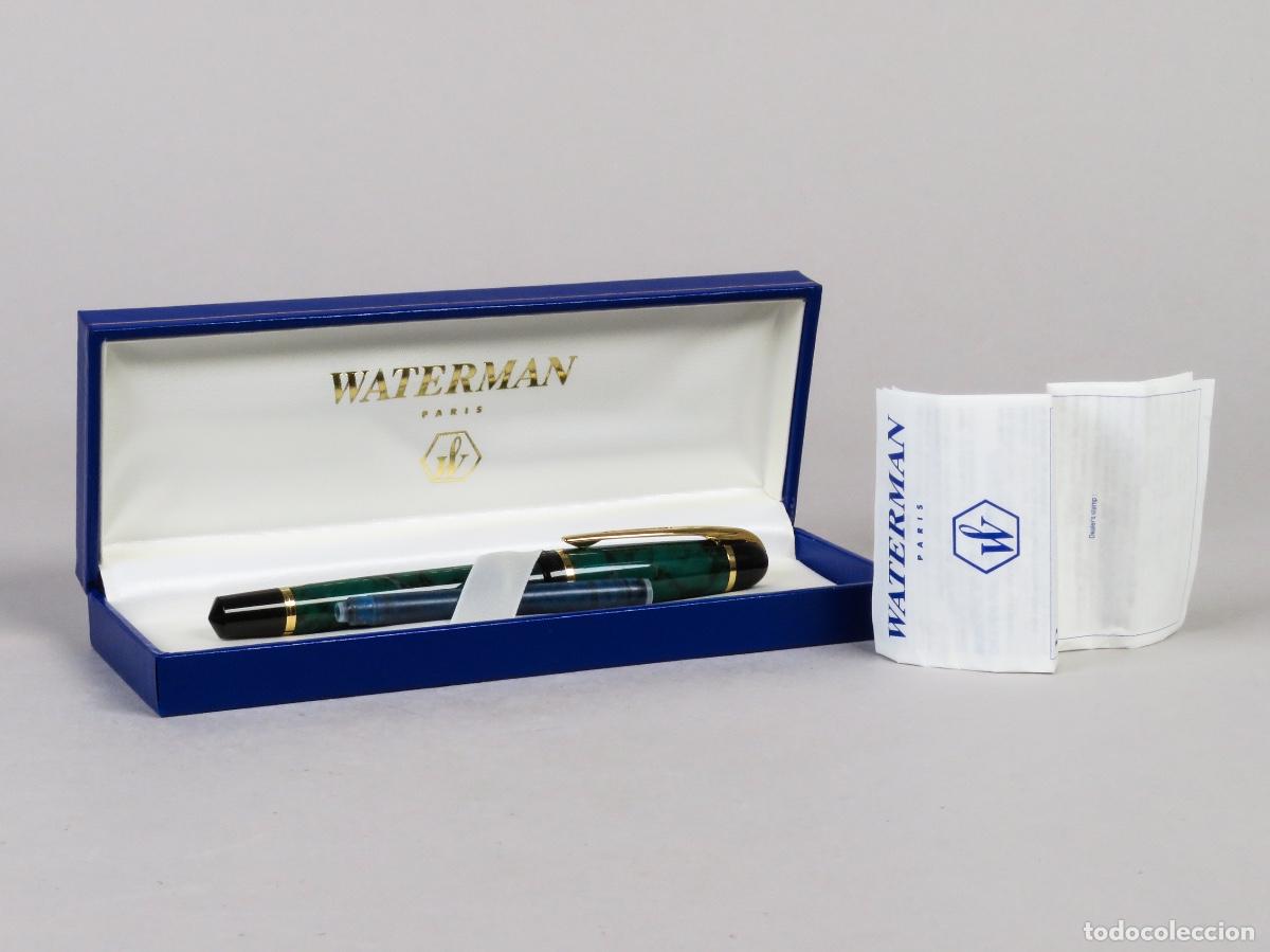 Plumas estilogr&aacute;ficas antiguas: Pluma Waterman Par&iacute;s con estuche original Modelo Phileas lacado en verde marmoleado