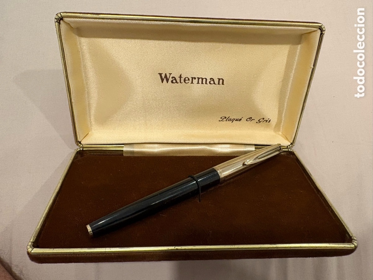 Plumas estilogr&aacute;ficas antiguas: WATERMAN C/F PLAQU&Eacute; OR GRIS &ndash; PLUMA ESTILOGR&Aacute;FICA PLUM&Iacute;N ORO 18K &ndash; ESTUCHE ORIGINAL