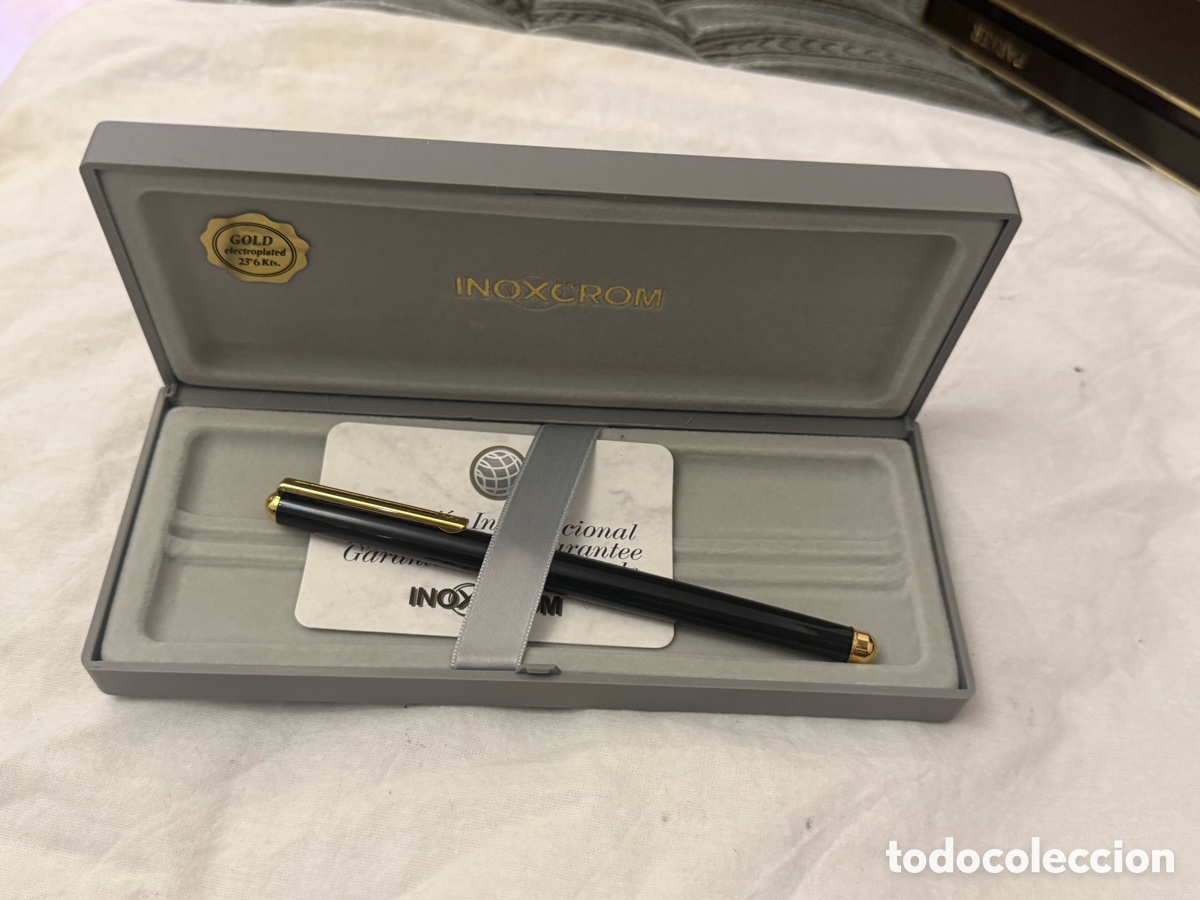 Plumas estilogr&aacute;ficas antiguas: Pluma estilogr&aacute;fica INOXCROM &ndash; plum&iacute;n oro 23,6 K electroplated &ndash; a&ntilde;os 80-90 &ndash; estuche y garant&iacute;a