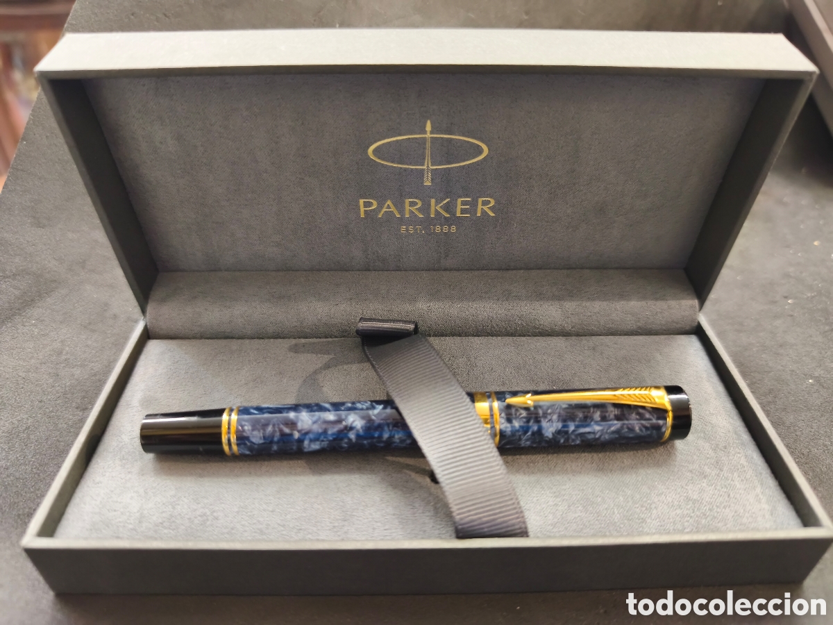 Plumas estilogr&aacute;ficas antiguas: Bonita pluma Parker Duolfo marmol azul, plum&iacute;n oro 18k