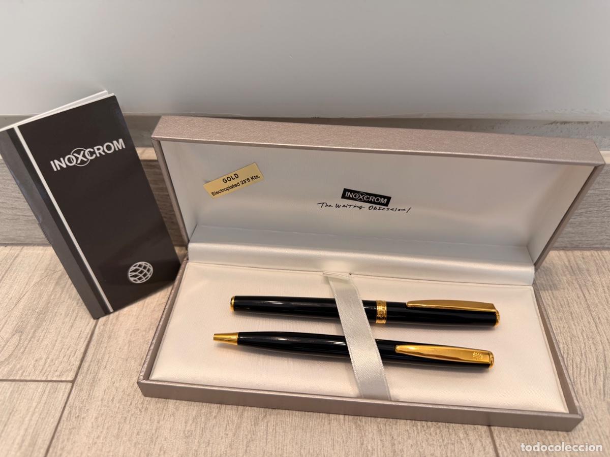 Plumas estilogr&aacute;ficas antiguas: Juego INOXCROM pluma estilogr&aacute;fica y bol&iacute;grafo &ndash; Sin estrenar &ndash; Chapado oro &ndash; Estuche original