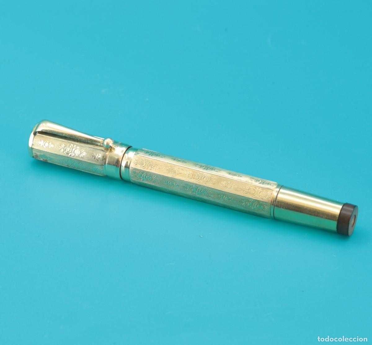 Plumas estilogr&aacute;ficas antiguas: Pluma estilogr&aacute;fica Oakland retr&aacute;ctil, oro laminado 18KR y plum&iacute;n 14KT, a&ntilde;os 30&ndash;40