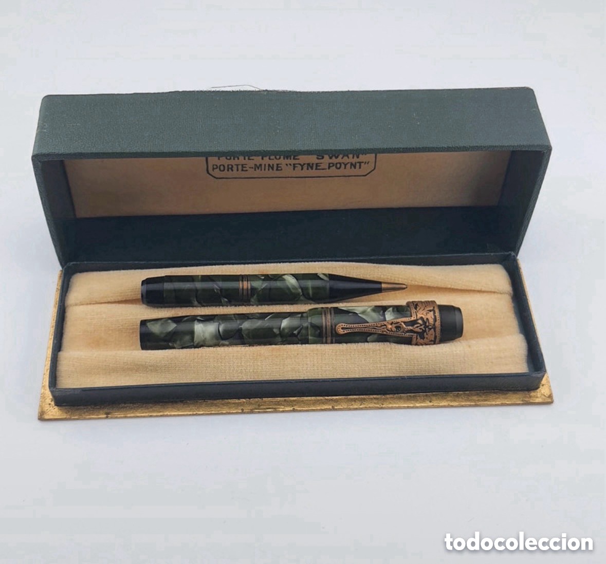 Plumas estilogr&aacute;ficas antiguas: Pluma estilogr&aacute;fica + lapicero verde marmolado, plumin de oro 18k (A15)