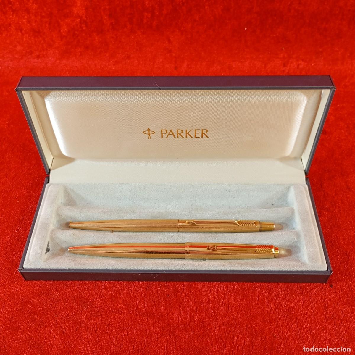 Plumas estilogr&aacute;ficas antiguas: PARA DE BOL&Iacute;GRAFOS PARKER - DORADOS - ESTILOGR&Aacute;FIA - VINTAGE - ESTUCHE ORIGINAL - 17